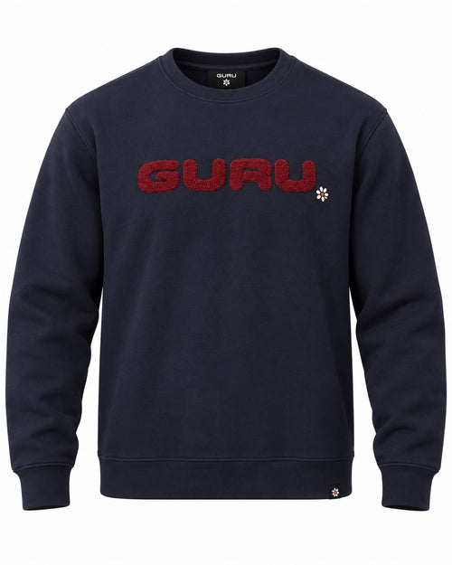 Load image 1 in gallery view. Felpa girocollo uomo G/NEUF garzata Blu con logo GURU ricamato – fronte