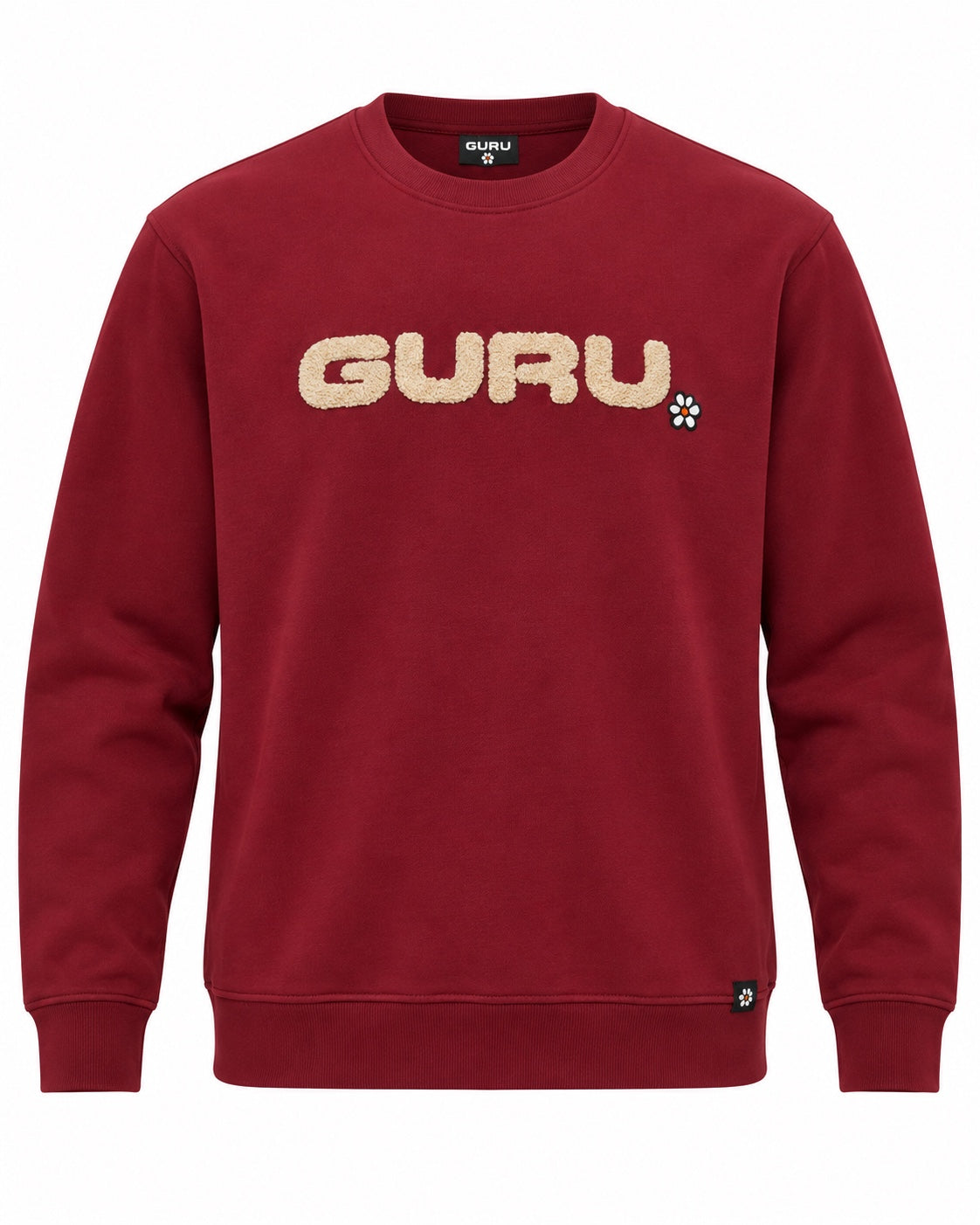 Felpa girocollo uomo G/NEUF garzata Bordeaux con logo GURU ricamato – fronte