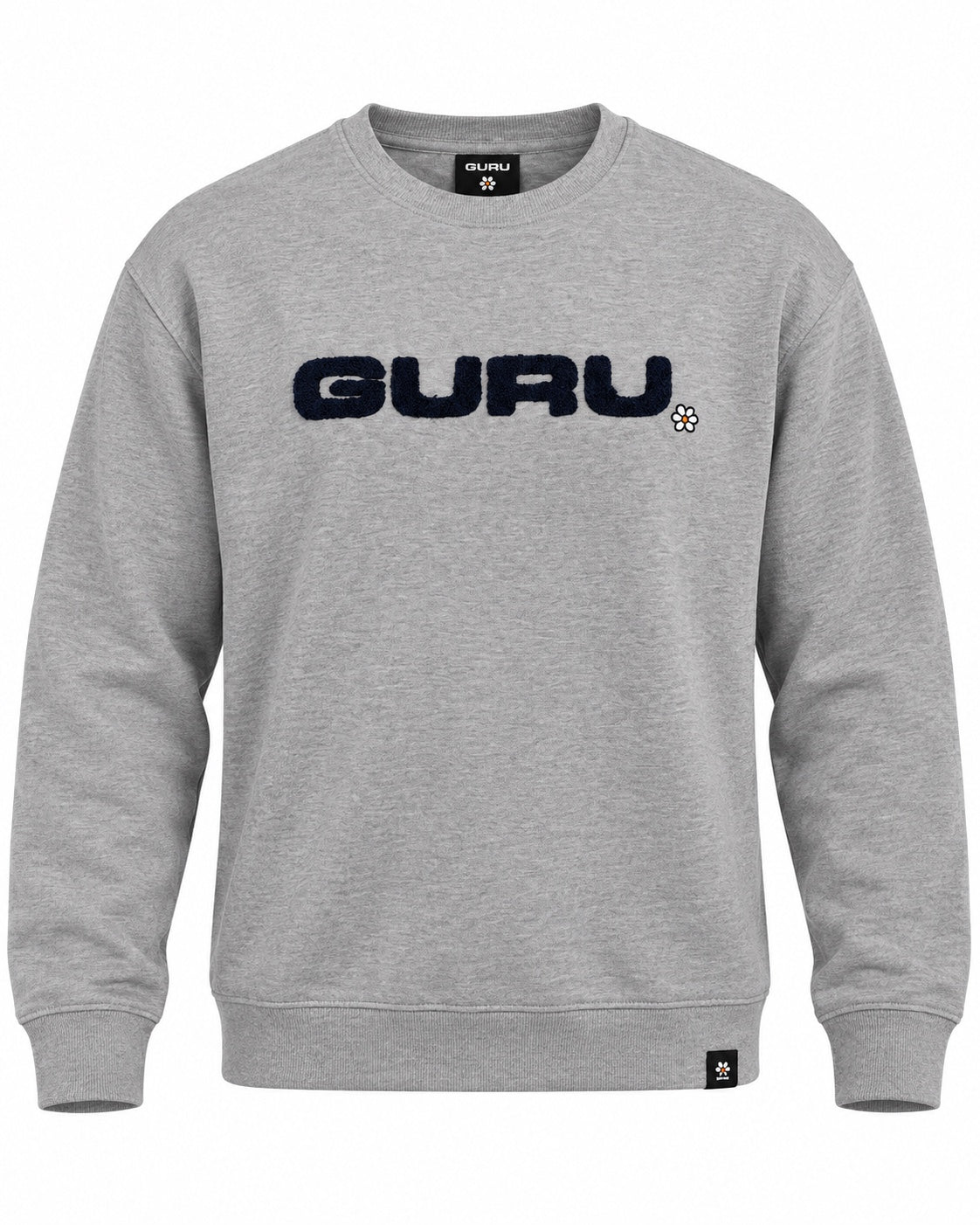 Felpa girocollo uomo G/NEUF garzata Grigio con logo GURU ricamato – fronte