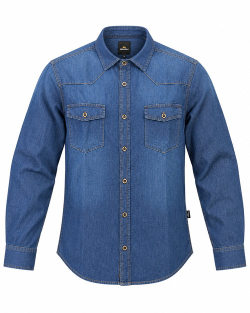 Carica immagine 1 in visualizzazione galleria. Camicia denim unisex GURU GU/DEMOS in cotone blu, vista frontale