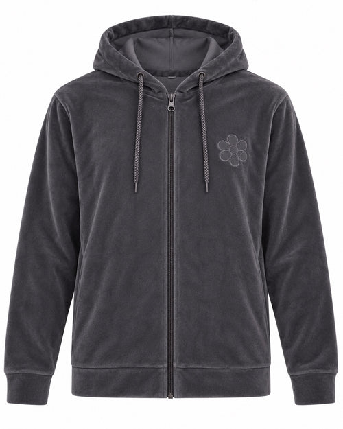 Load image 1 in gallery view. Felpa donna GURU T62G1 05053 in velluto grigio antracite con cappuccio e zip – vista frontale