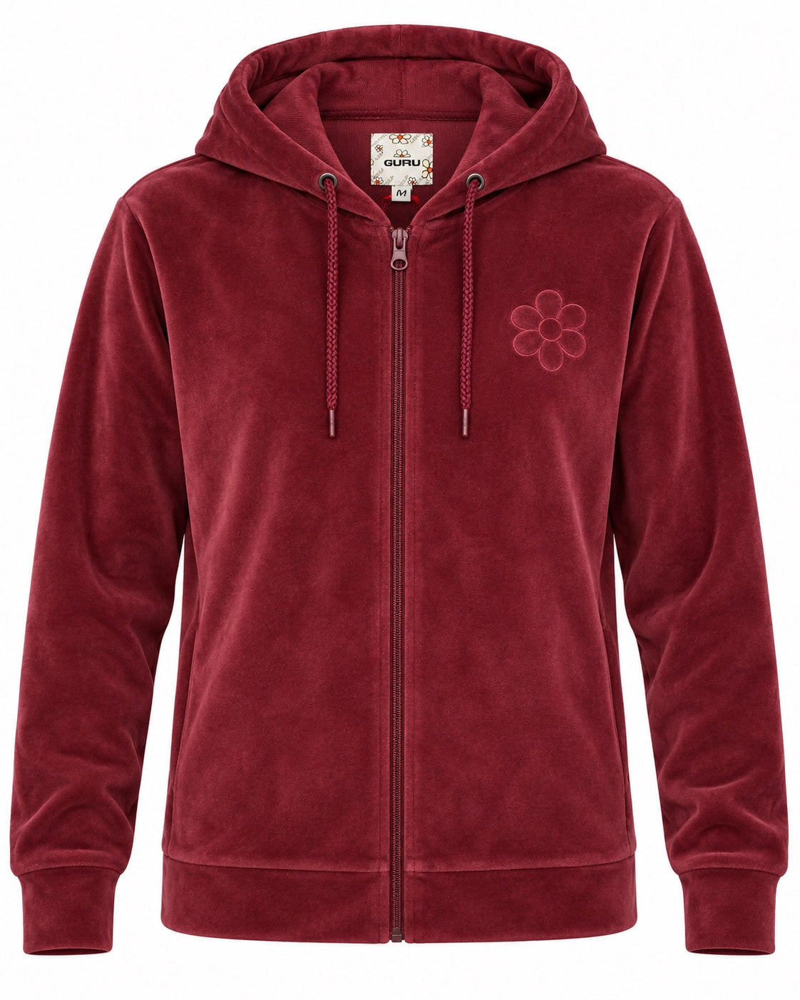 Felpa donna GURU T62G1 05053 in velluto bordeaux con cappuccio e zip – vista frontale