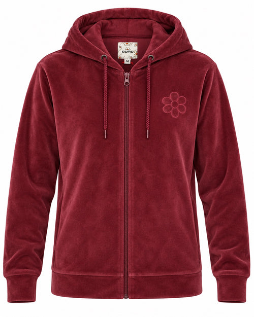 Load image 1 in gallery view. Felpa donna GURU T62G1 05053 in velluto bordeaux con cappuccio e zip – vista frontale