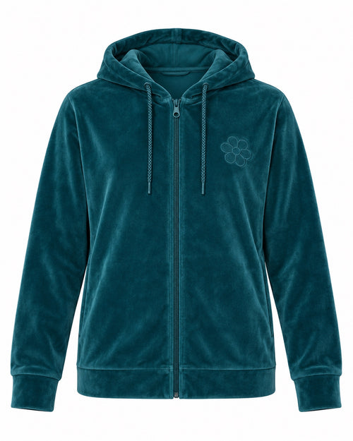 Load image 1 in gallery view. Felpa donna GURU T62G1 05053 in velluto verde ottanio con cappuccio e zip – vista frontale