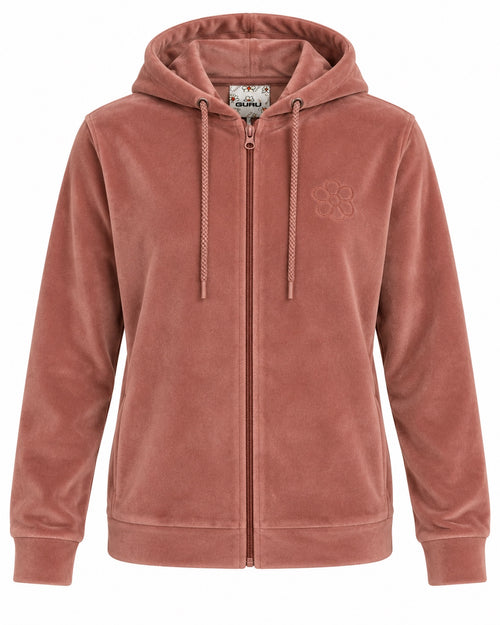 Load image 1 in gallery view. Felpa donna GURU T62G1 05053 in velluto rosa con cappuccio e zip – vista frontale